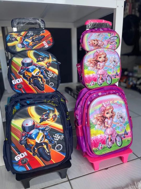 Mochilas Infantis carrinho com 3 peças 