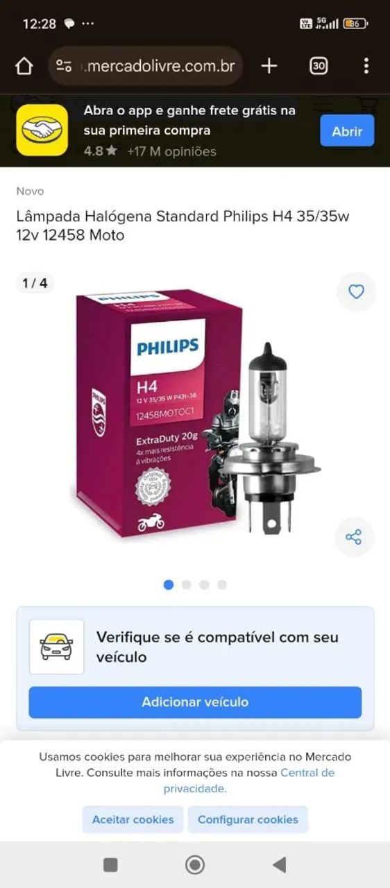 Lâmpadas H4 Philips para Moto - 12V 35/35W P43t-38 - Foto 2