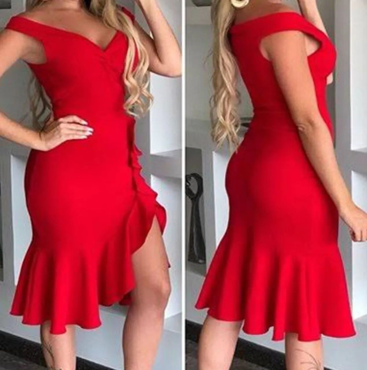 Vestido de festa Ombro a Ombro com babado e decote de nozinho. - Foto 5