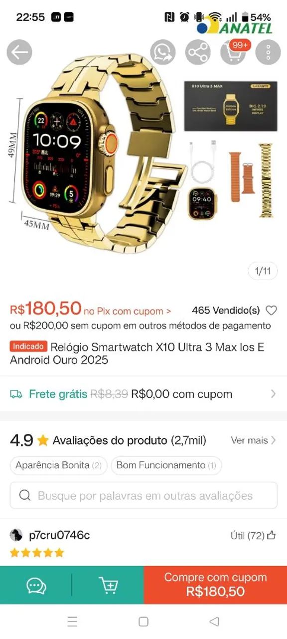 Relógio smartwatch dourado