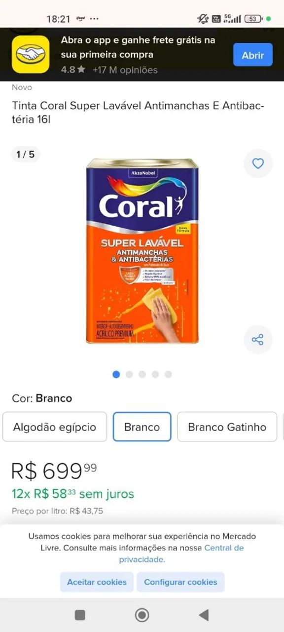 Tinta Coral supere lavável antimanchas e antibacterias Branca