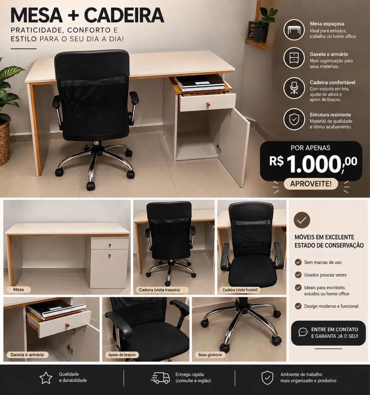 Escrivaninha e cadeira semi novas 