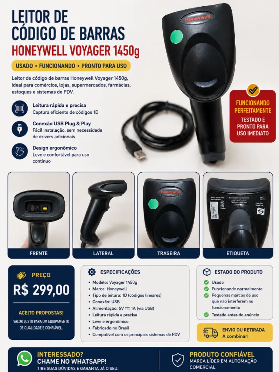 Leitor Honeywell Voyager 1450g 2D e QR Code USB - Funcionando