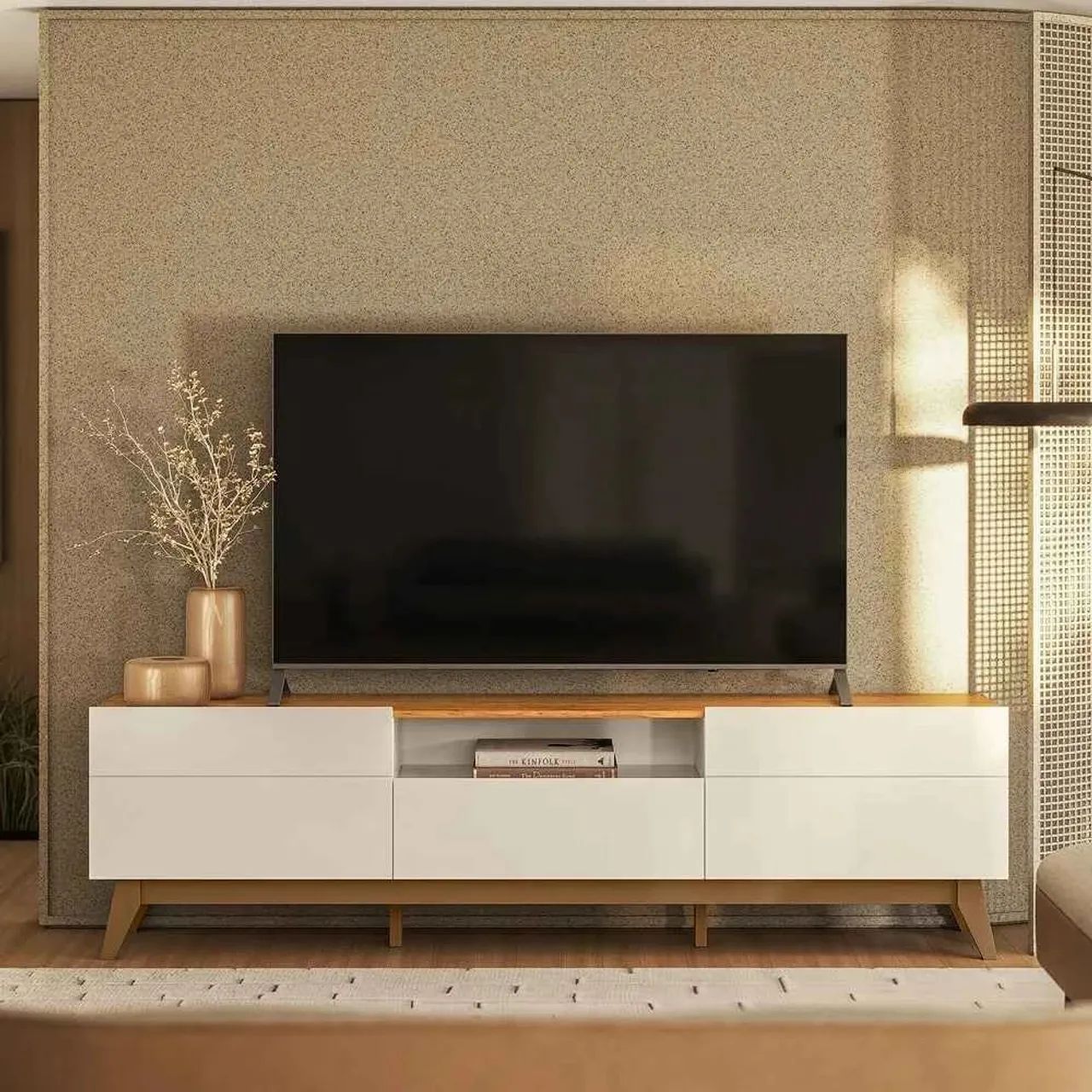 Rack para Tv de até 75 Polegadas 2 Portas 1 Gaveta Diadema Off White/ Canela Mobler<br>