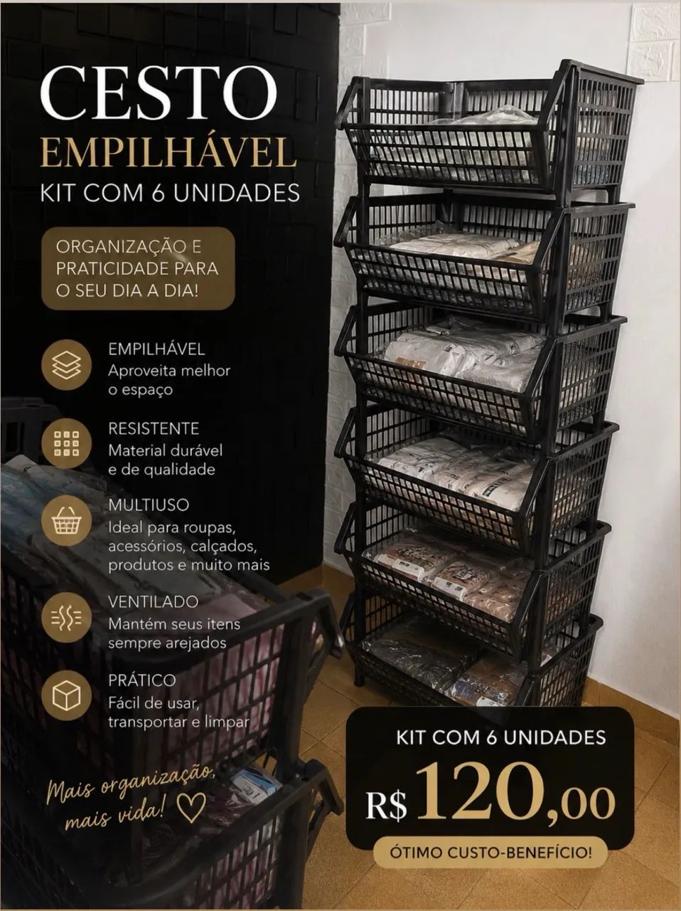 Cesto Empilhável preto kit com 6 