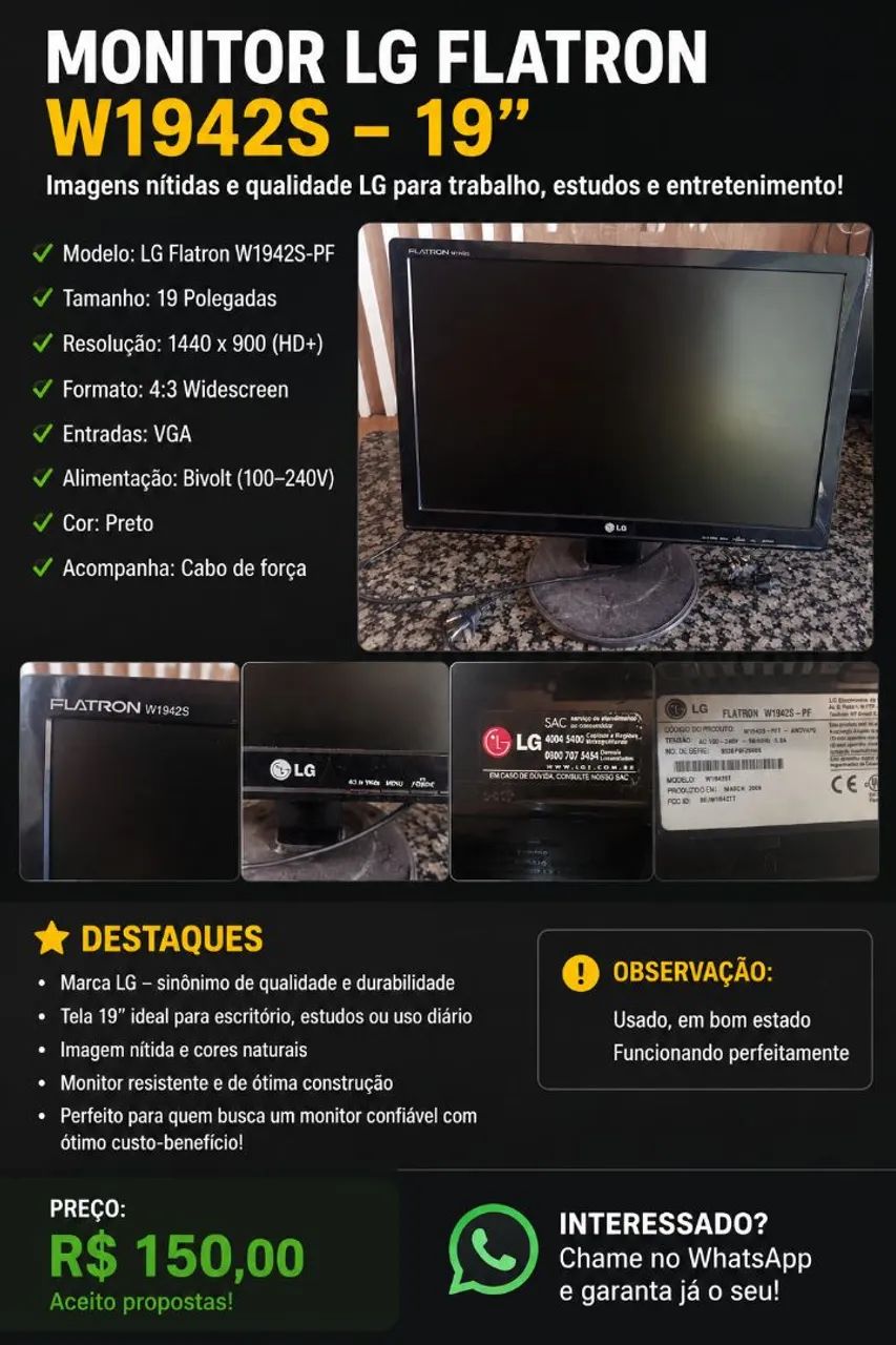 ? MONITOR LG FLATRON W1942S - 19 POLEGADAS