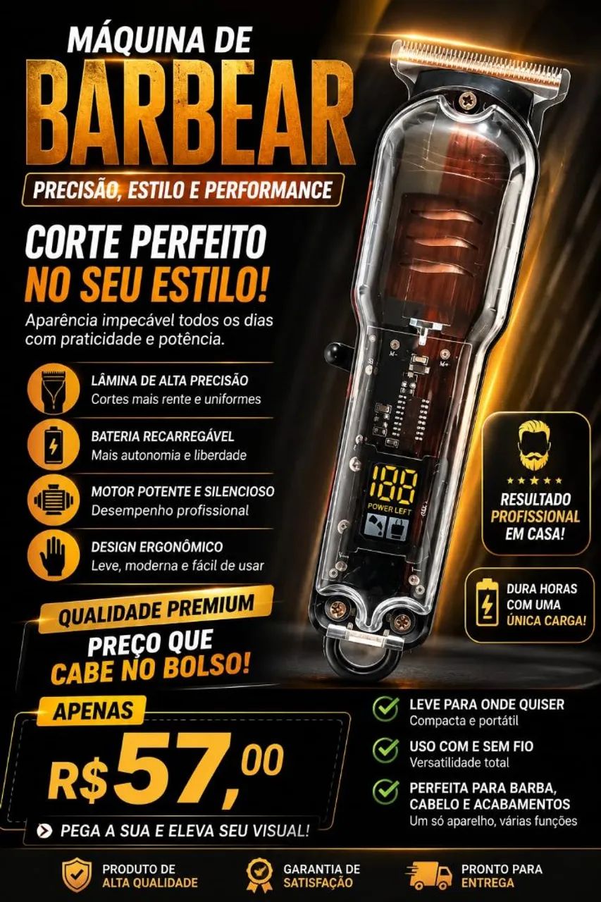 Máquina de Barbear Profissional com Design Transparente e Display Digital