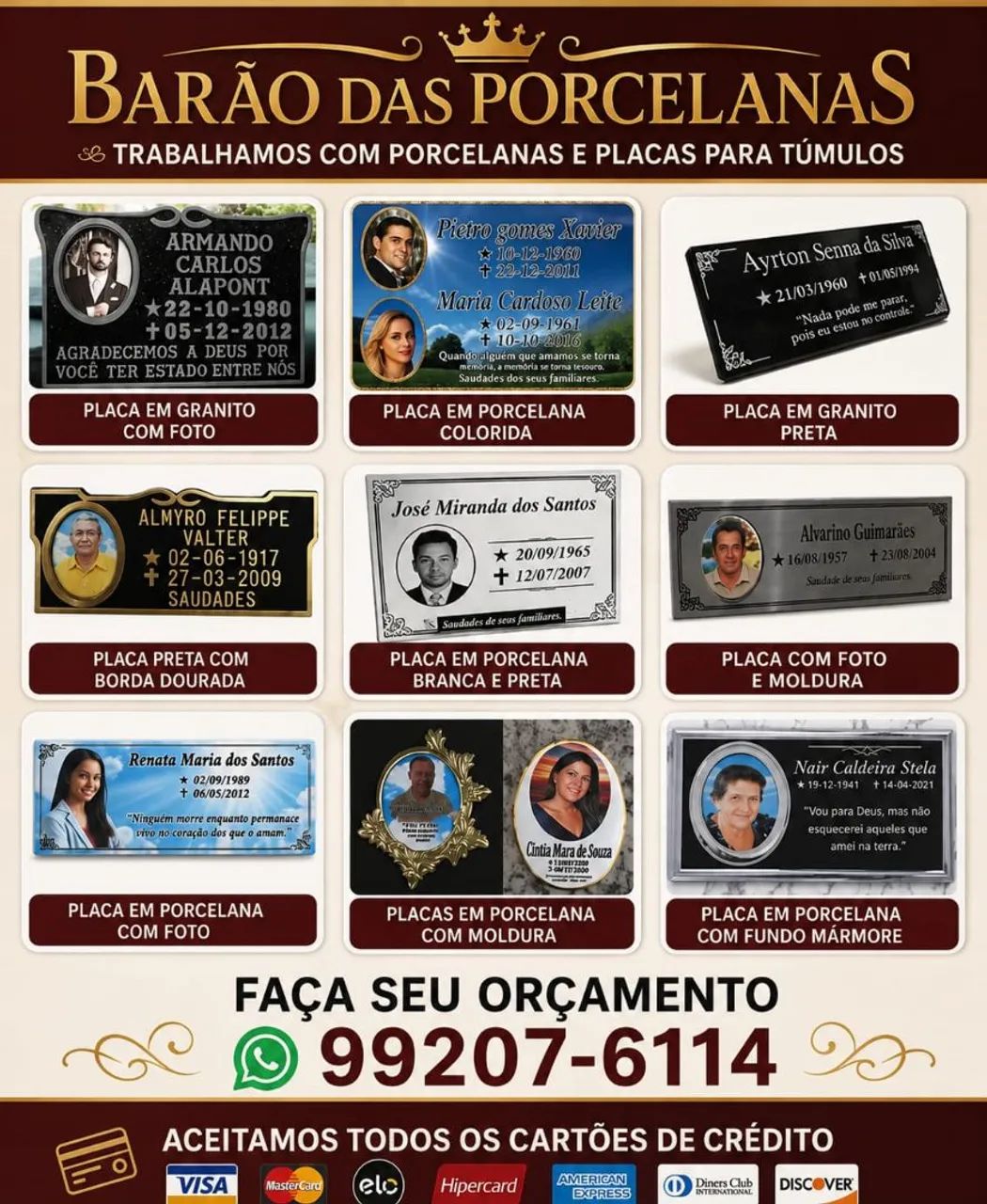 FOTOS EM PORCELANA E PLACAS EM ALUMÍNIO PARA TÚMULO