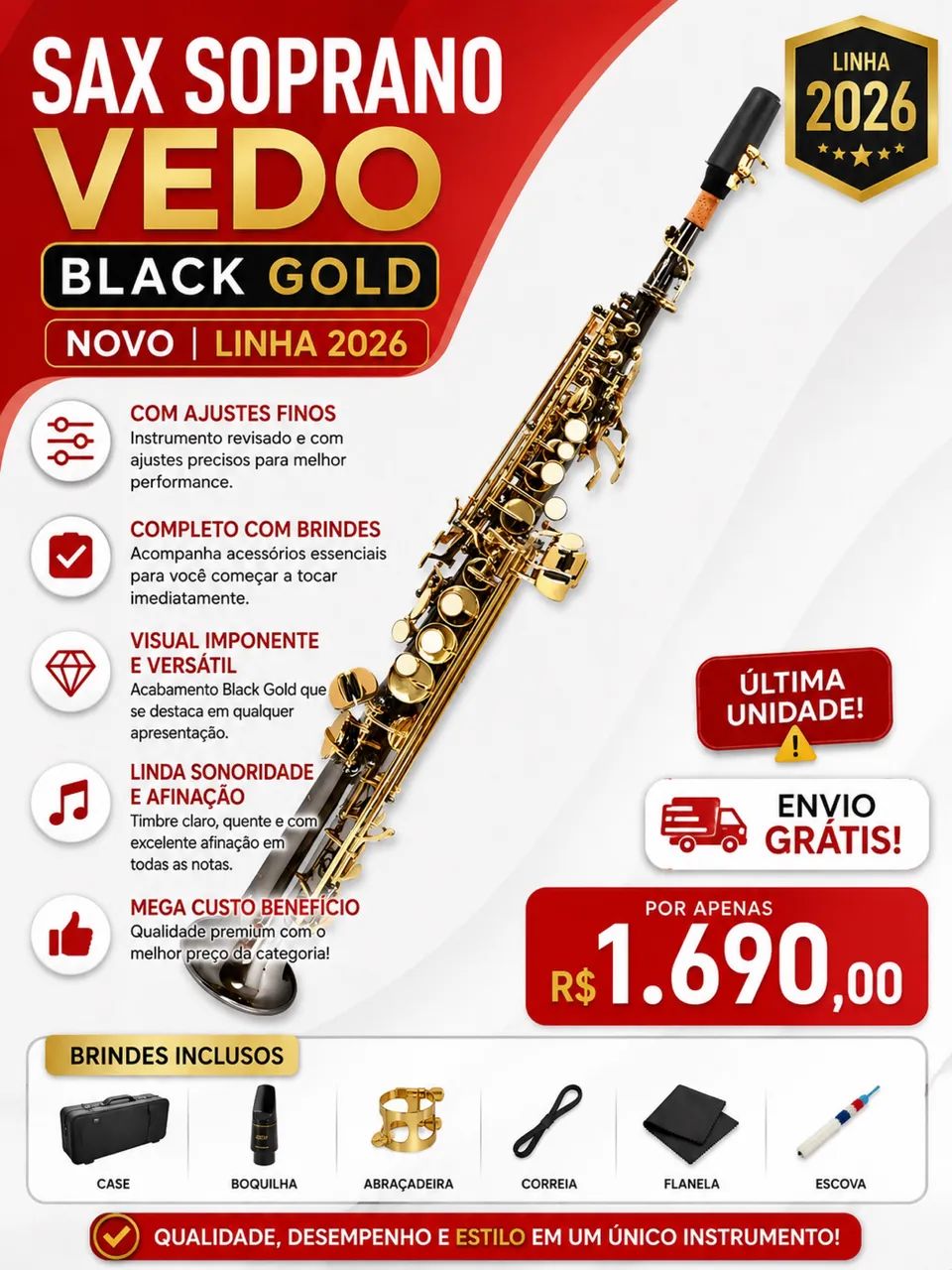 SAX SOPRANO BLACK LAQUER AJUSTADO - Instrumentos musicais - Nossa