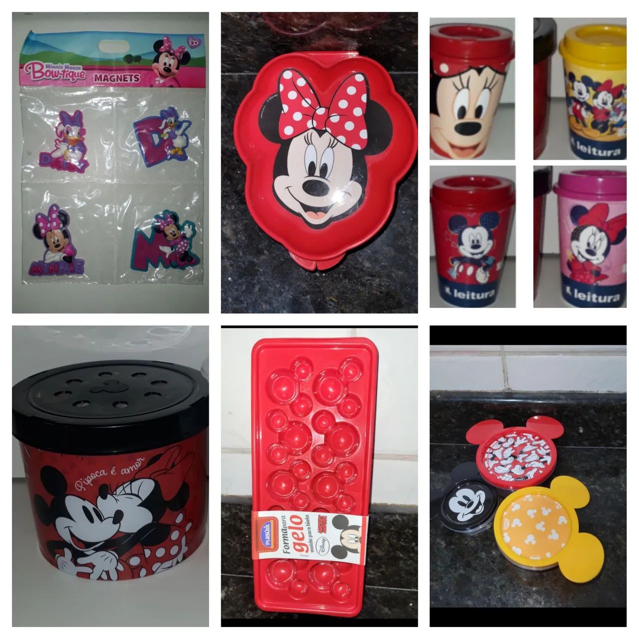 Kit Mickey e Minie c 1Pipoqueira p Micro-Ondas, 3potes, 4imas, 1copo  Avon