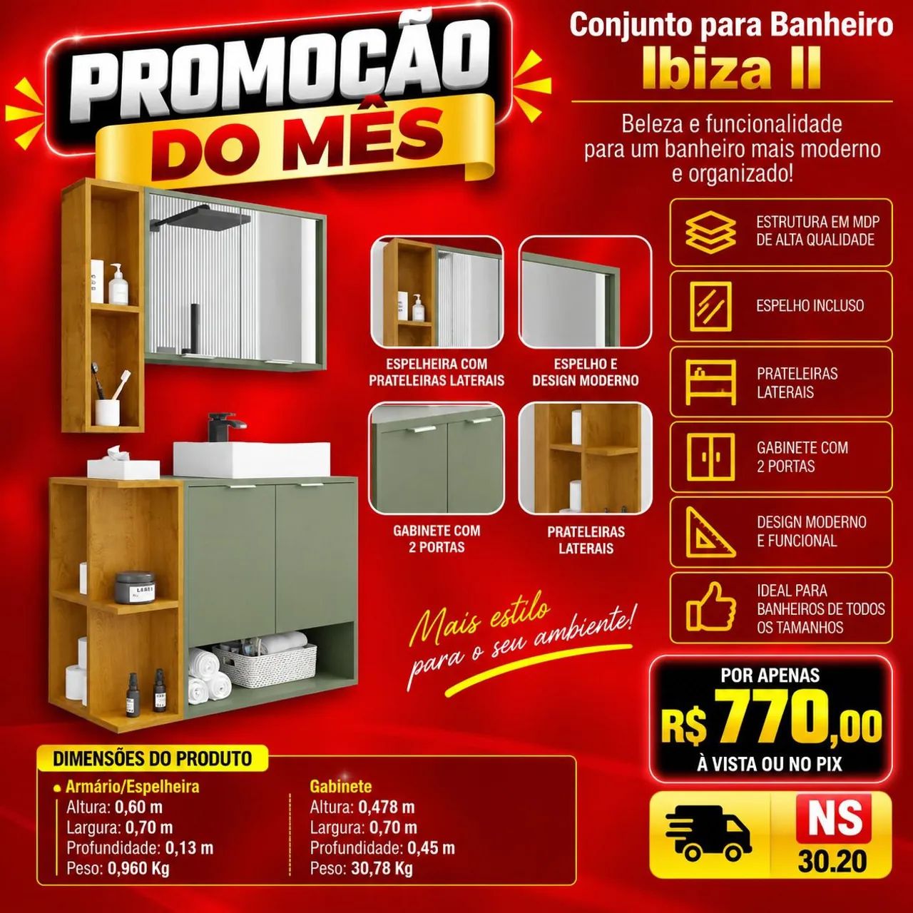 Armário de banheiro com espelho e gabinete