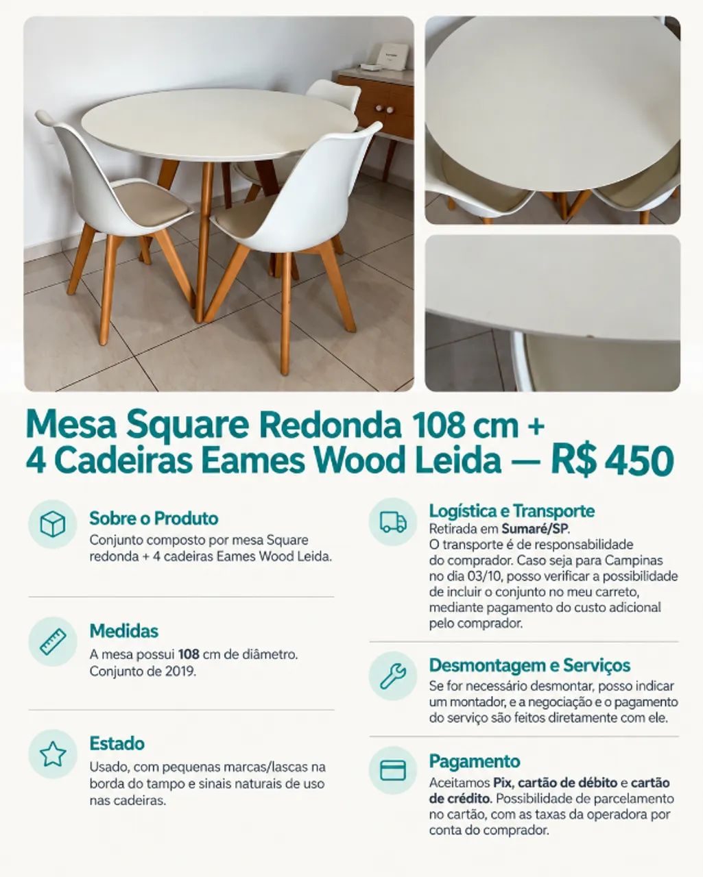 Mesa Square Redonda 108 cm + 4 Cadeiras Eames Wood Leida - Foto 2