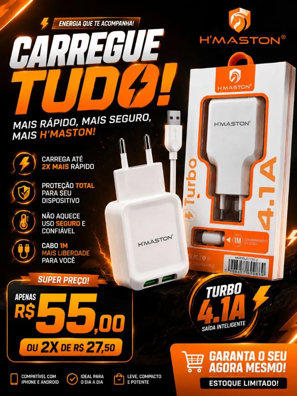 Carregador Turbo com cabo de 1m