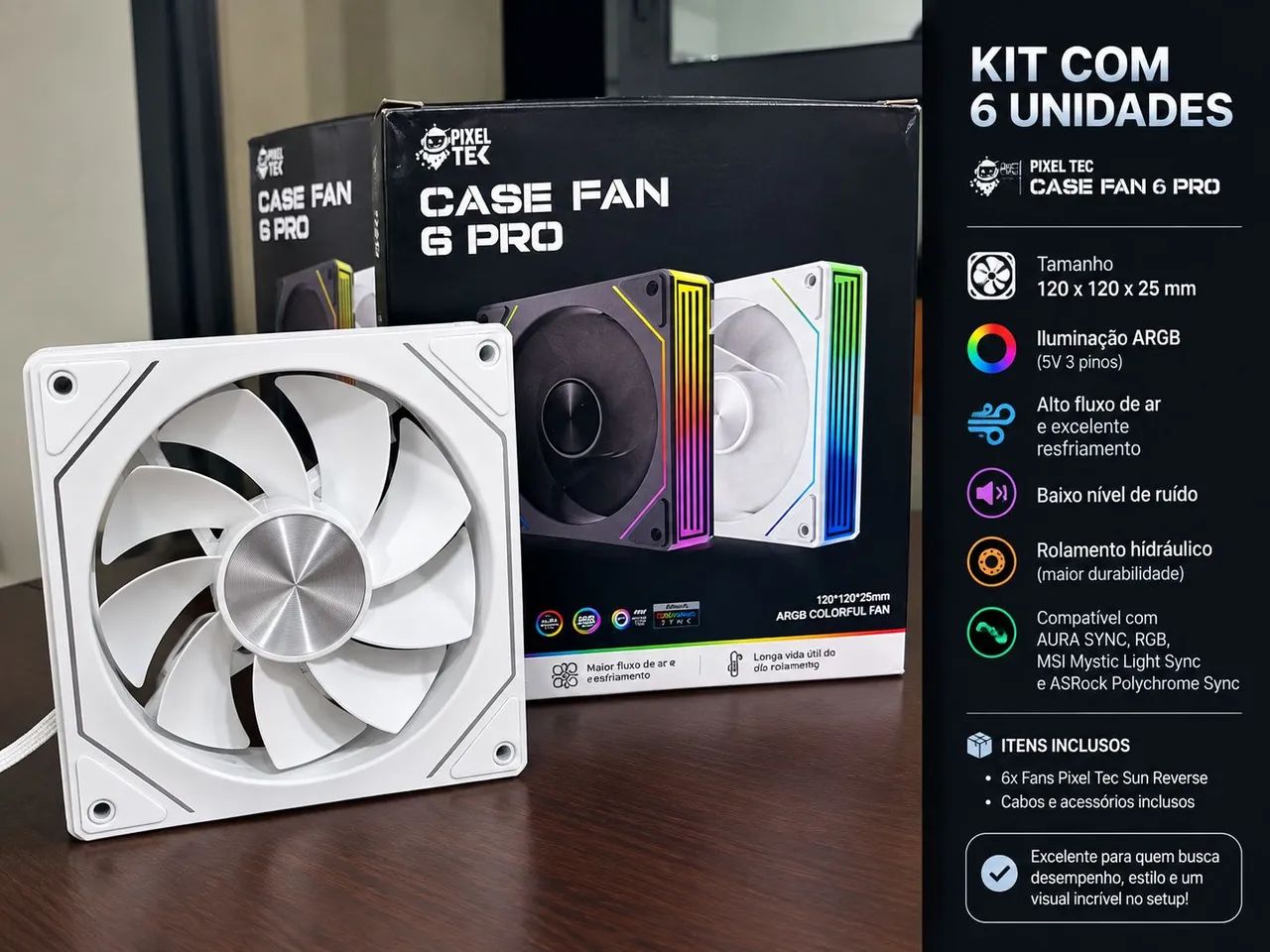 Kit com 6 Fans ARGB Reverse