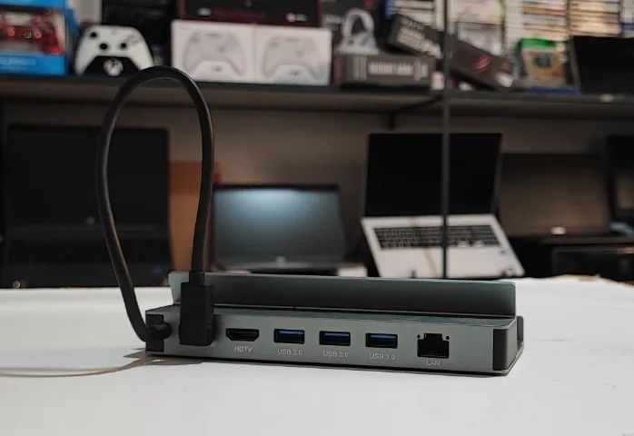 DockStation USB-C com HDMI, 3x USB 3.0 e LAN Ethernet, aceito cartão