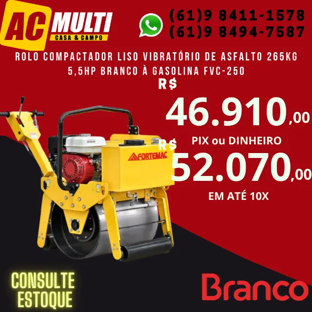Rolo Compactador Liso Vibratório de Asfalto 265Kg 5,5HP Branco à Gasolina FVC-250