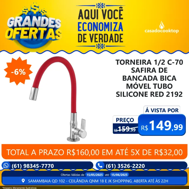 TORNEIRA 1/2 C-70 SAFIRA DE BANCADA BICA MÓVEL TUBO SILICONE RED 2192