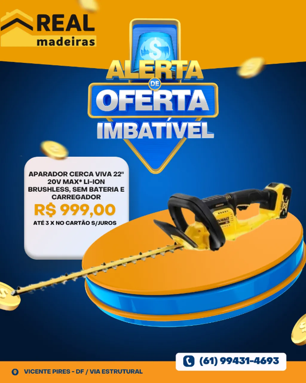 Aparador de Cerca Viva 22 Pol. a Bateria 20V Max Li-Ion DEWALT-DCHT820B-B3