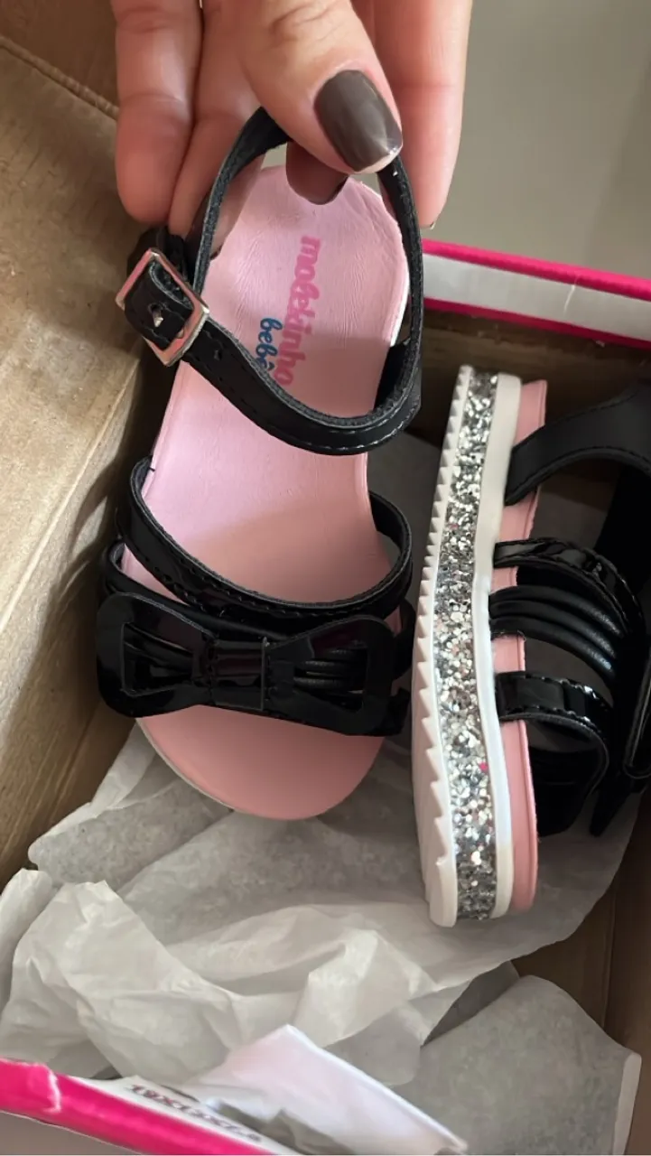 Sandália NOVA Molekinha Bebê Laço Glitter Rosa e Preta