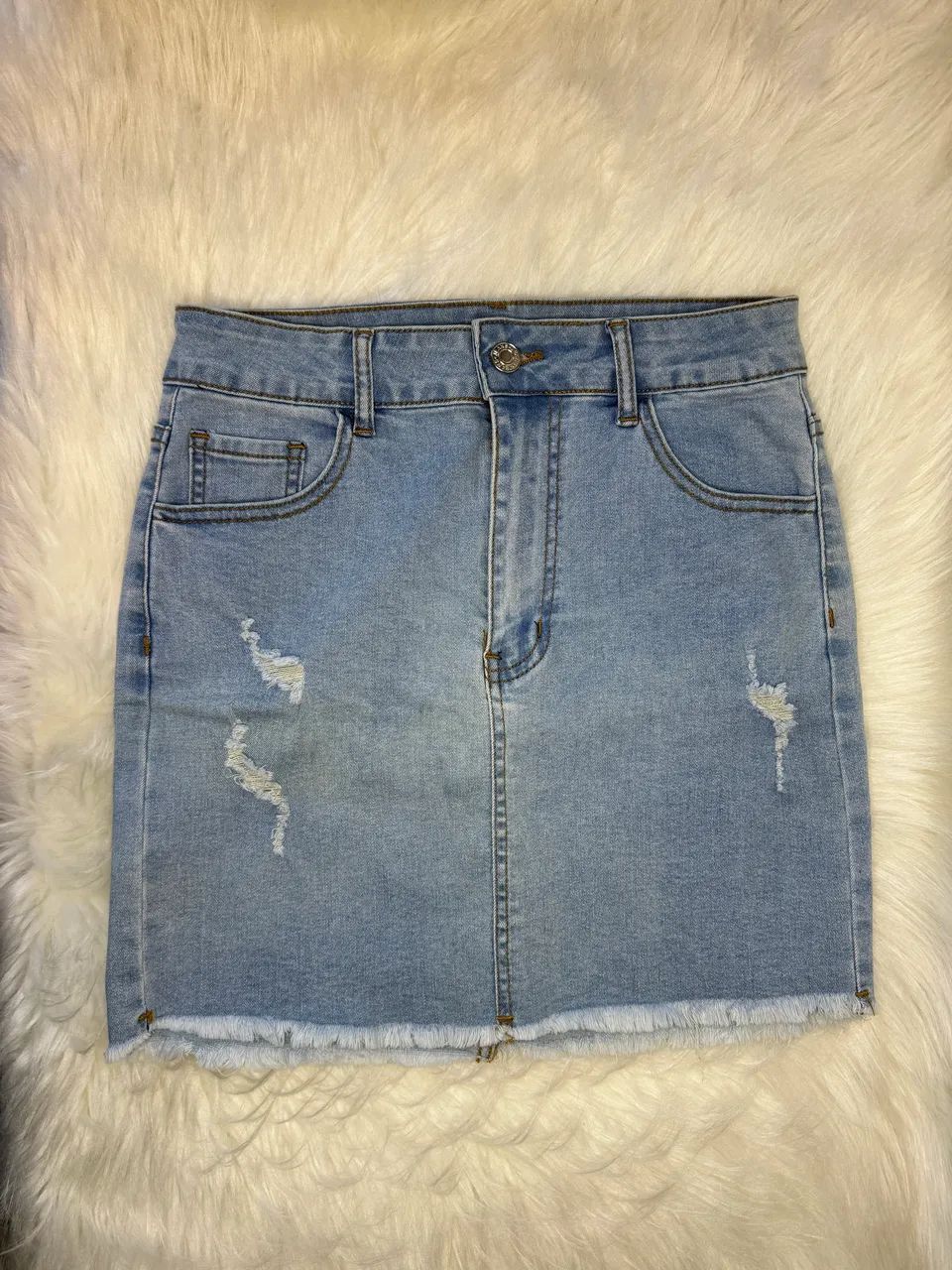 Saia Jeans SHEIN Petite com Detalhes Destroyed 85% algodão  - Foto 4