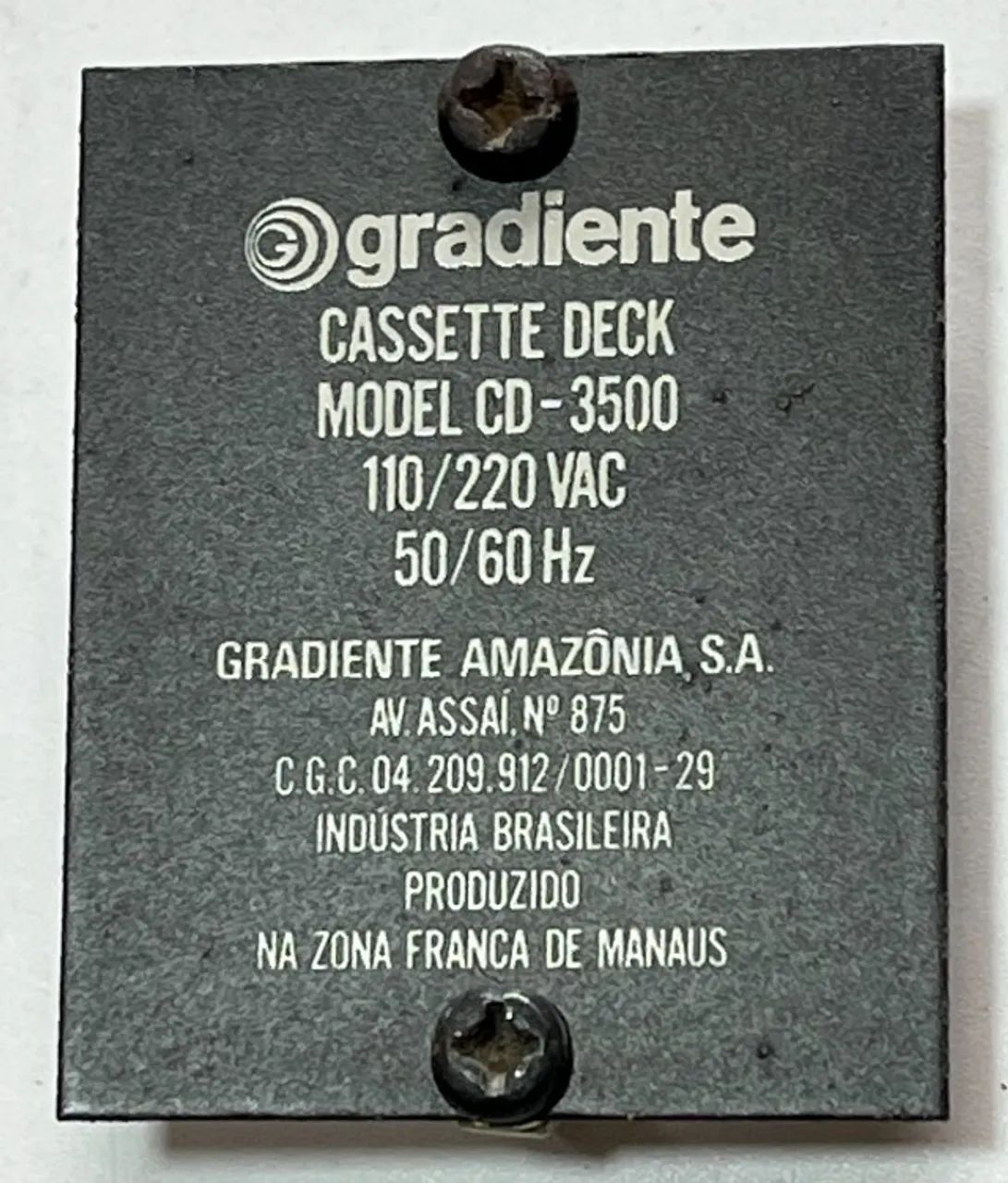 Tape Deck Gradiente CD-3500 - Placa de Identificação 