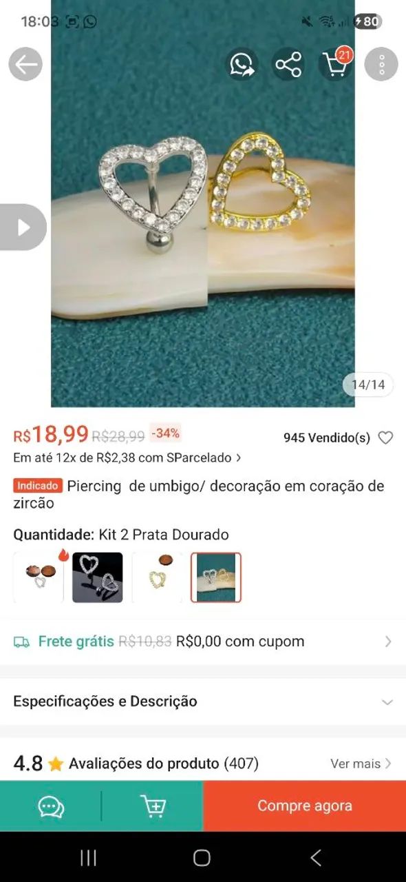 Piercing  de umbigo/ decoração em coração de zircão
