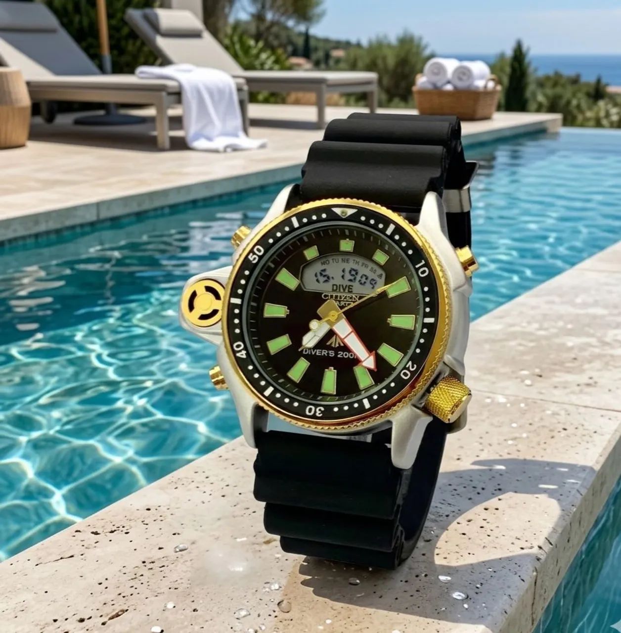 Relógio Aqualand Série Ouro pulseira de borracha um Clássico 