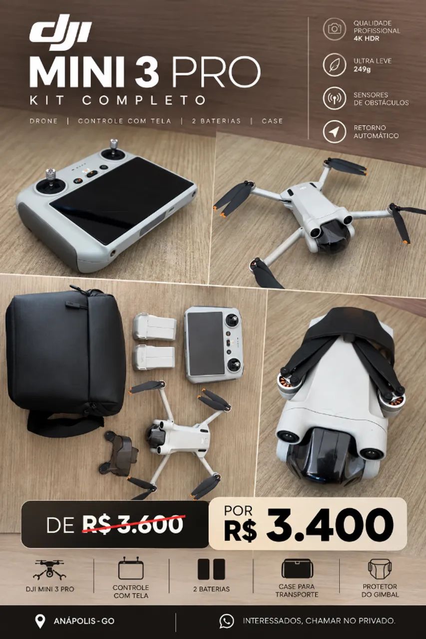 DJI Mini 3 Pro + Controle com Tela + 2 Baterias + Case