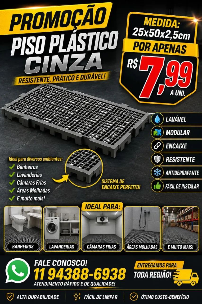 Piso plástico cinza 25x50x2,5cm