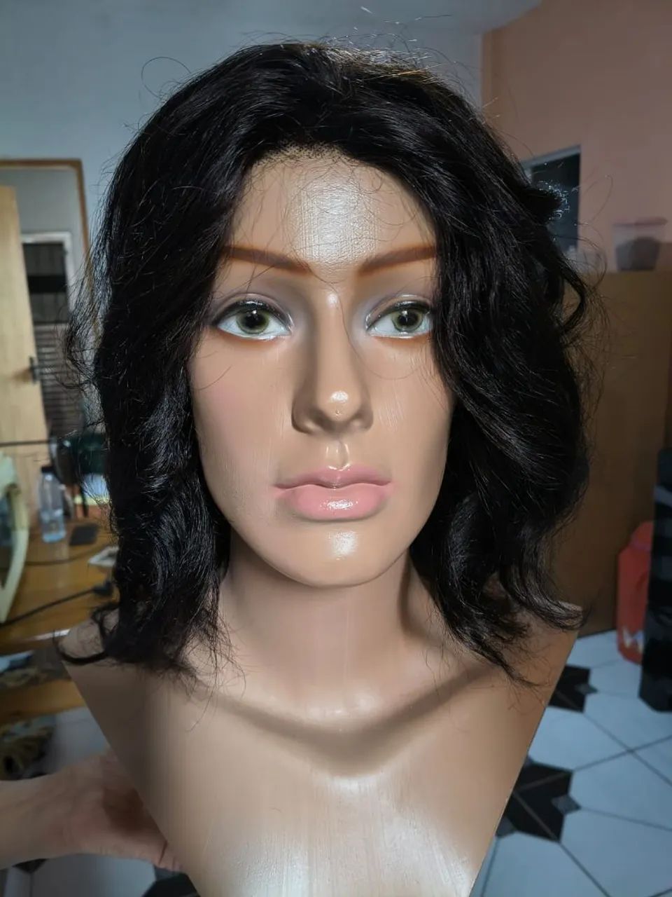 Peruca Castanho, cabelo humano, semi nova