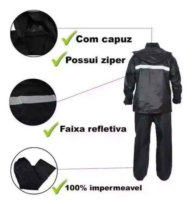 capa de chuva motoqueiro preta capuz impermeável refletivo no=620 so-133
