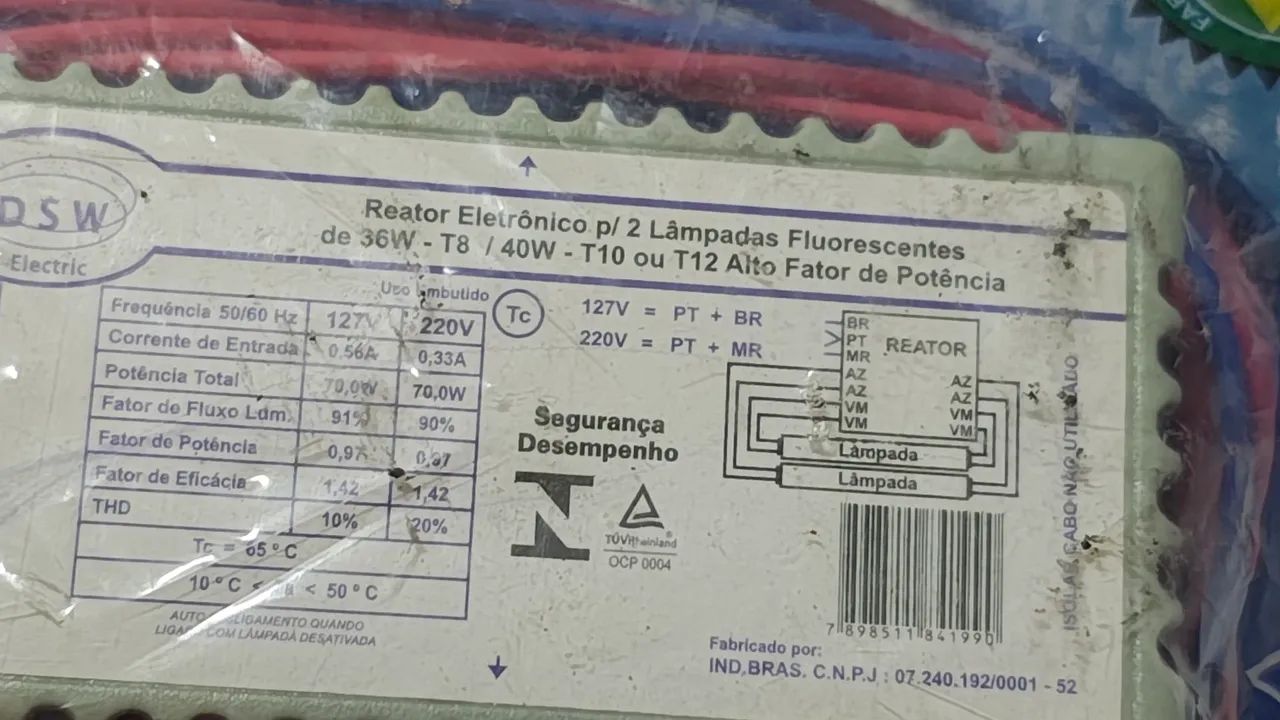 Reator Eletrônico para Lâmpadas Fluorescentes 36W-T8 / 40W-T10 ou T12