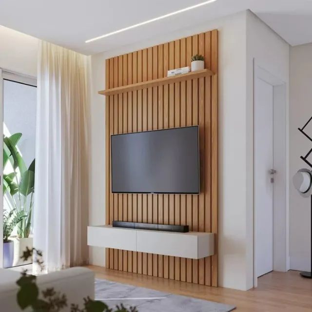 Painel para Tv Ripado Ambiente Niágara 1412 mm com Nicho Freijó Off White- Colibri