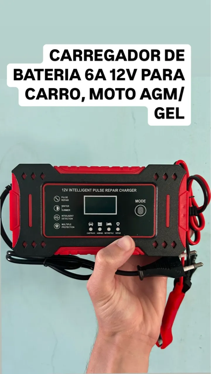 Carregador de Bateria 6A 12V Para Carro Moto AGM/GEL