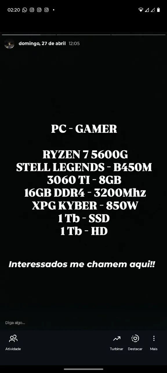 PC Gamer Completo - Ryzen 7 5600G - RTX 3060 Ti