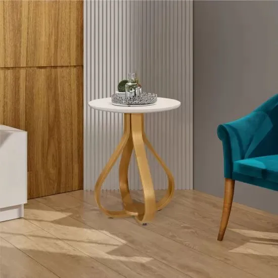 Mesa Lateral Inovare Tampo Redondo de MDF / Vidro 45X62 cm Nature / Off White<br>