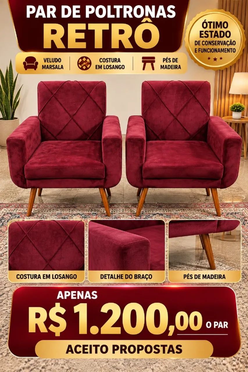 Par de Poltronas Retrô Veludo Marsala