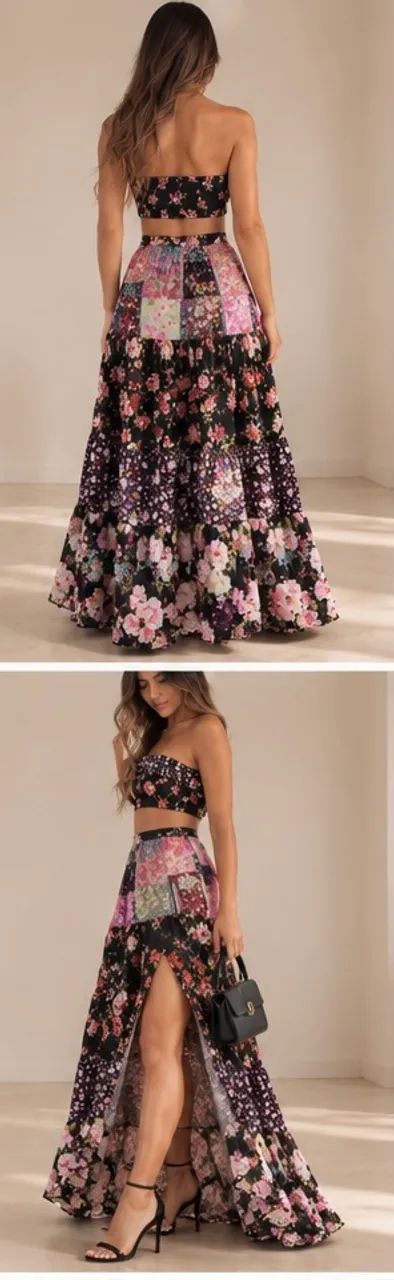 Conjunto Feminino Floral Saia Longa + Cropped Tomara que Caia | PP - Foto 3