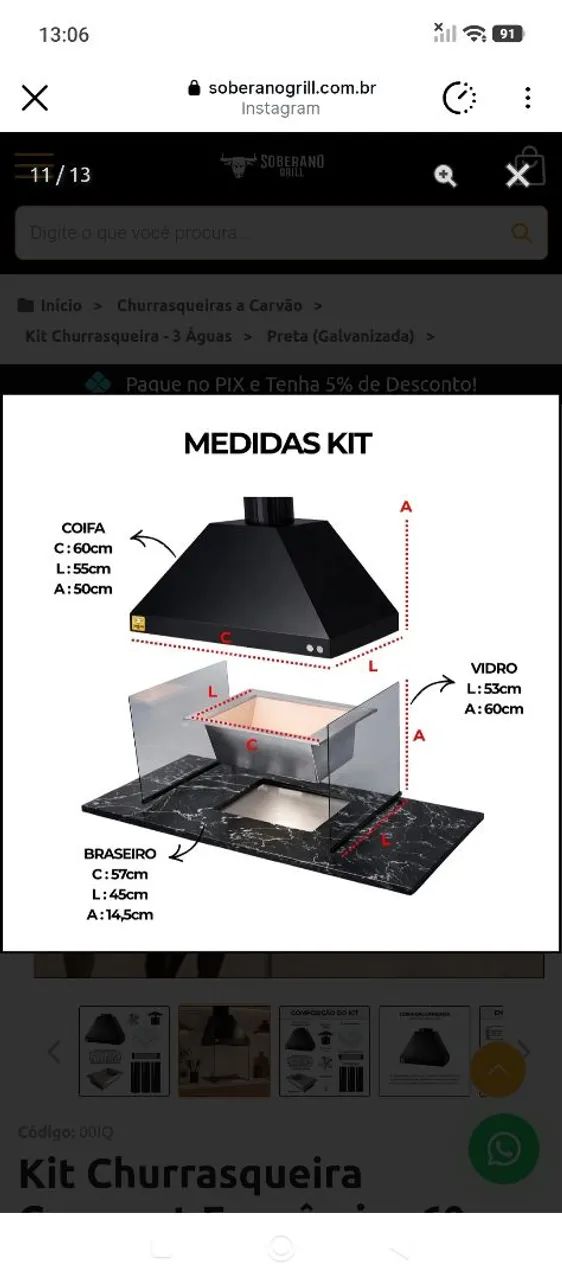 Kit Churrasqueira Gourmet 60cm Completa com Coifa e Vidros - Foto 4