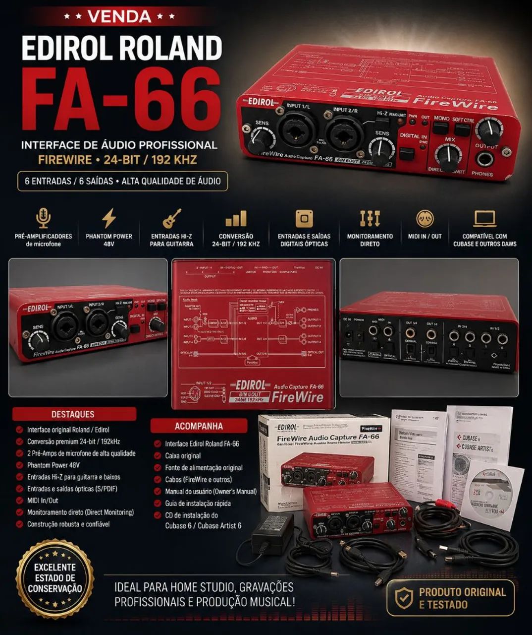 Interface Edirol Roland FA-66 Firewire (Raridade! Na caixa, completa)
