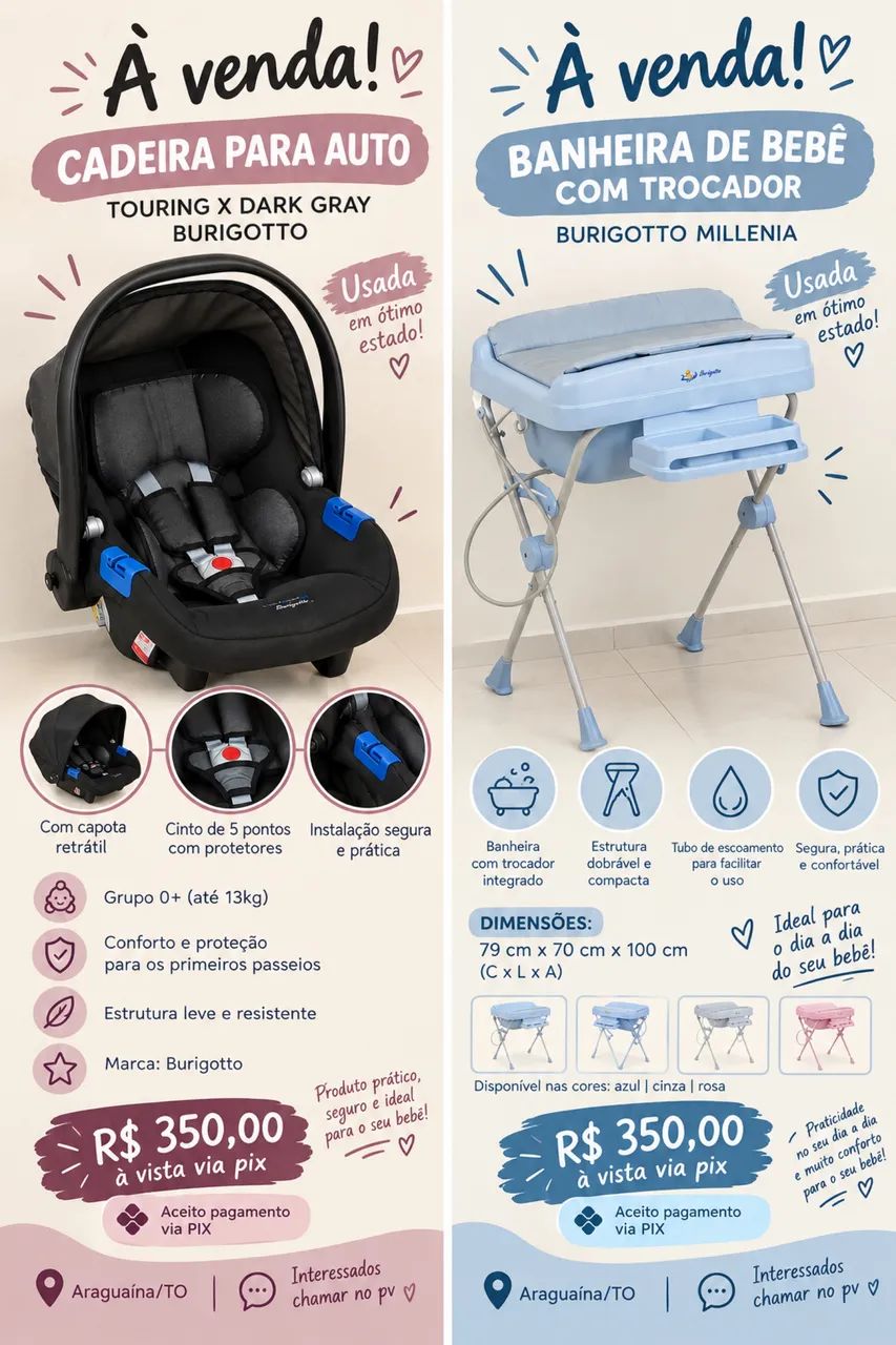 Banheira e bebê conforto para venda