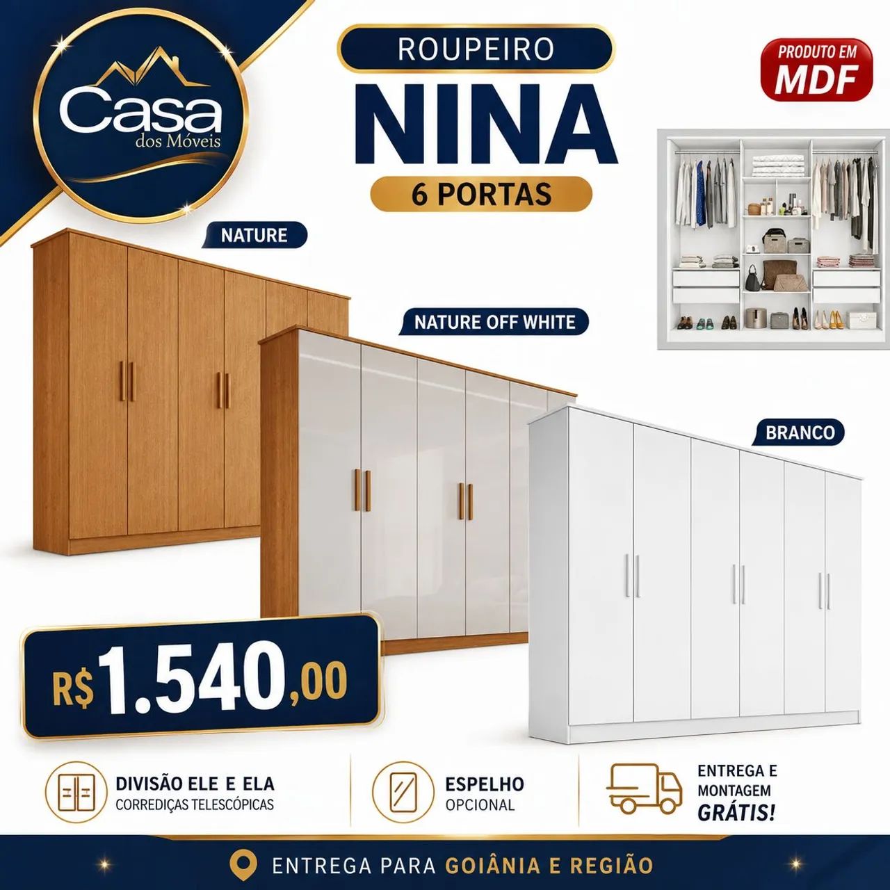 Guarda roupa Nina 100% MDF 