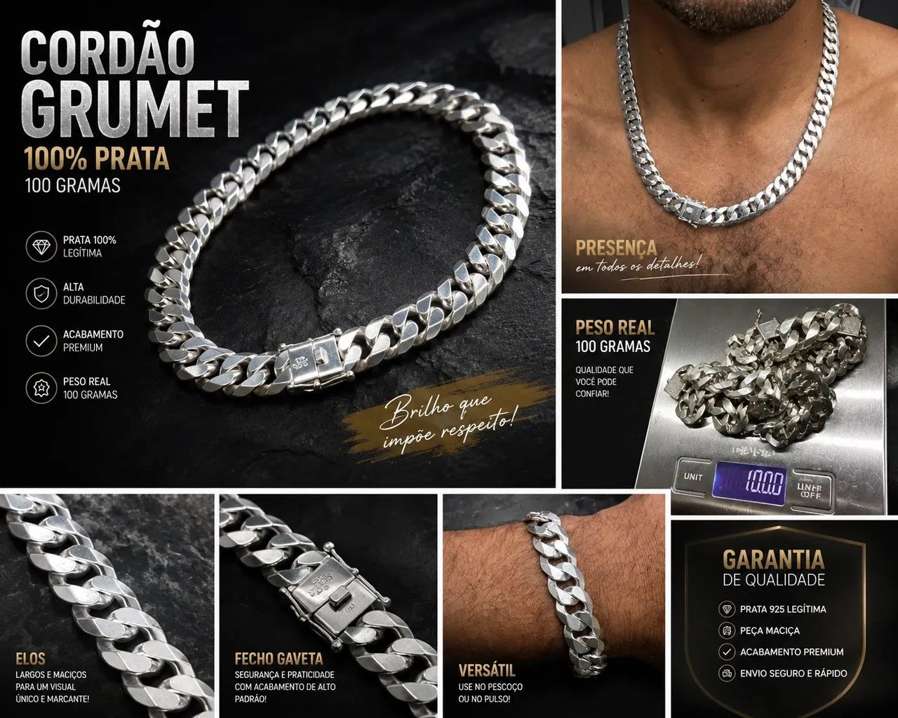 Corrente + Pulseira Grumet Prata 925 Maciça 100g