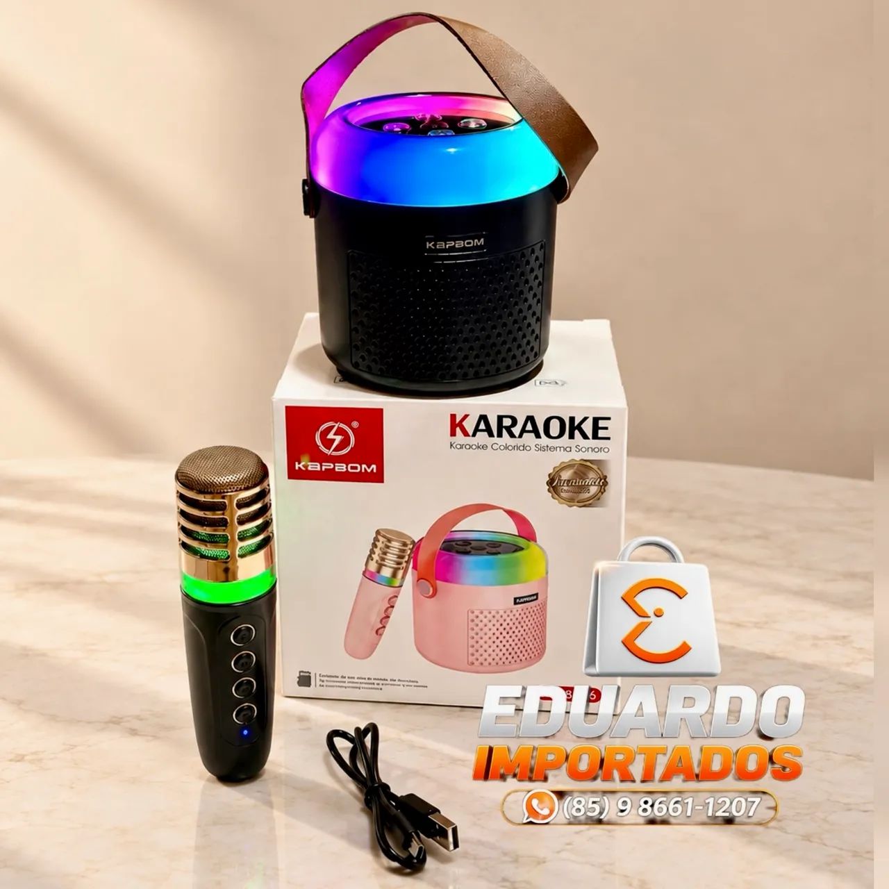 Caixa de Som Bluetooth Karaokê com Microfone Sem Fio e Led RGB, Efeitos de Voz 
