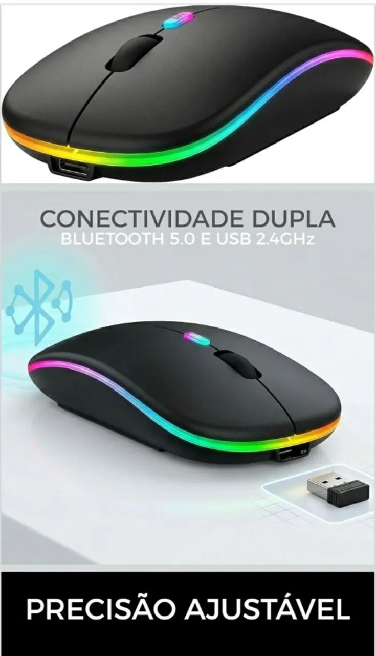 Mouse sem fio Recarregável com RGB colorido - Periféricos e