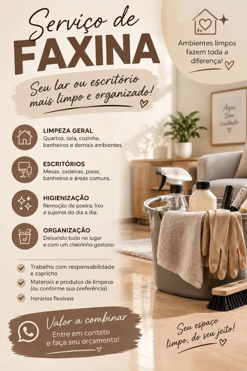 Faxinas casas, apartamento e escritórios.