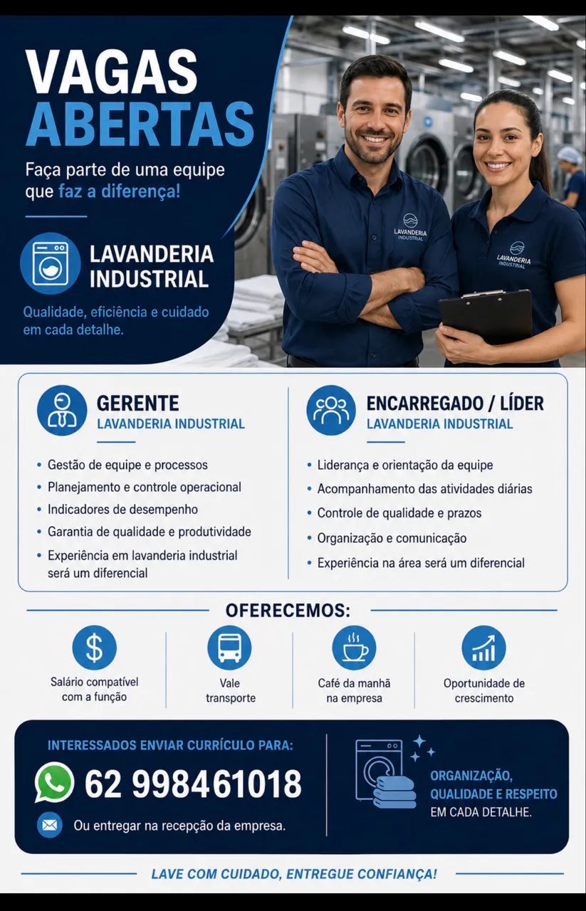 Vaga de Emprego Gerente/ Líder para Lavanderia Industrial