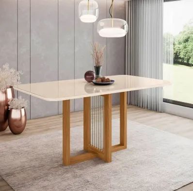 Mesa de Jantar 160cm Retangular 6 Lugares com Vidro Canto Arredondado Natalí 