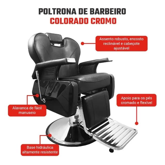 Poltrona de Barbeiro Colorado Cromo Base Cromada - Equipamentos e