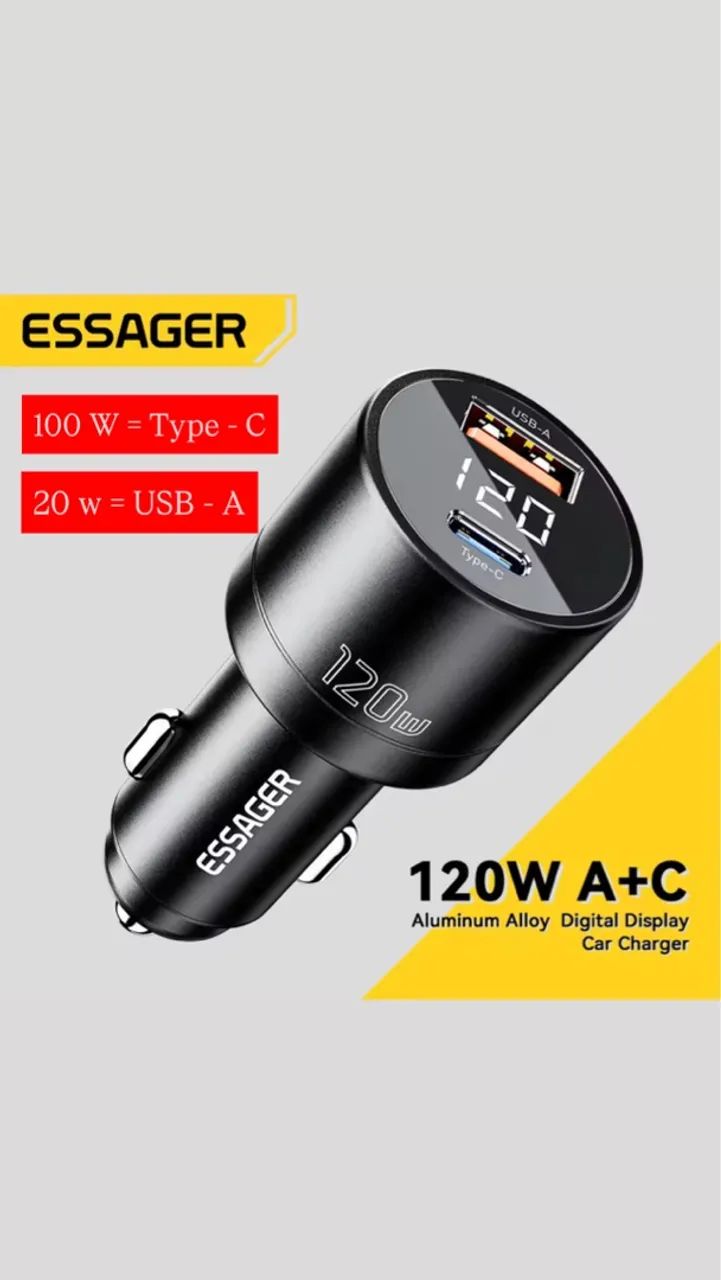 Starlink mini - Carregador Veicular Essager 120W - Tipo C e USB A